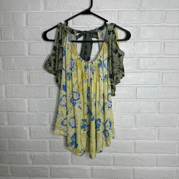 Free People Baja Babe Tie Back Cold Shoulder Top Yellow and Green size Small - Picture 3 of 6